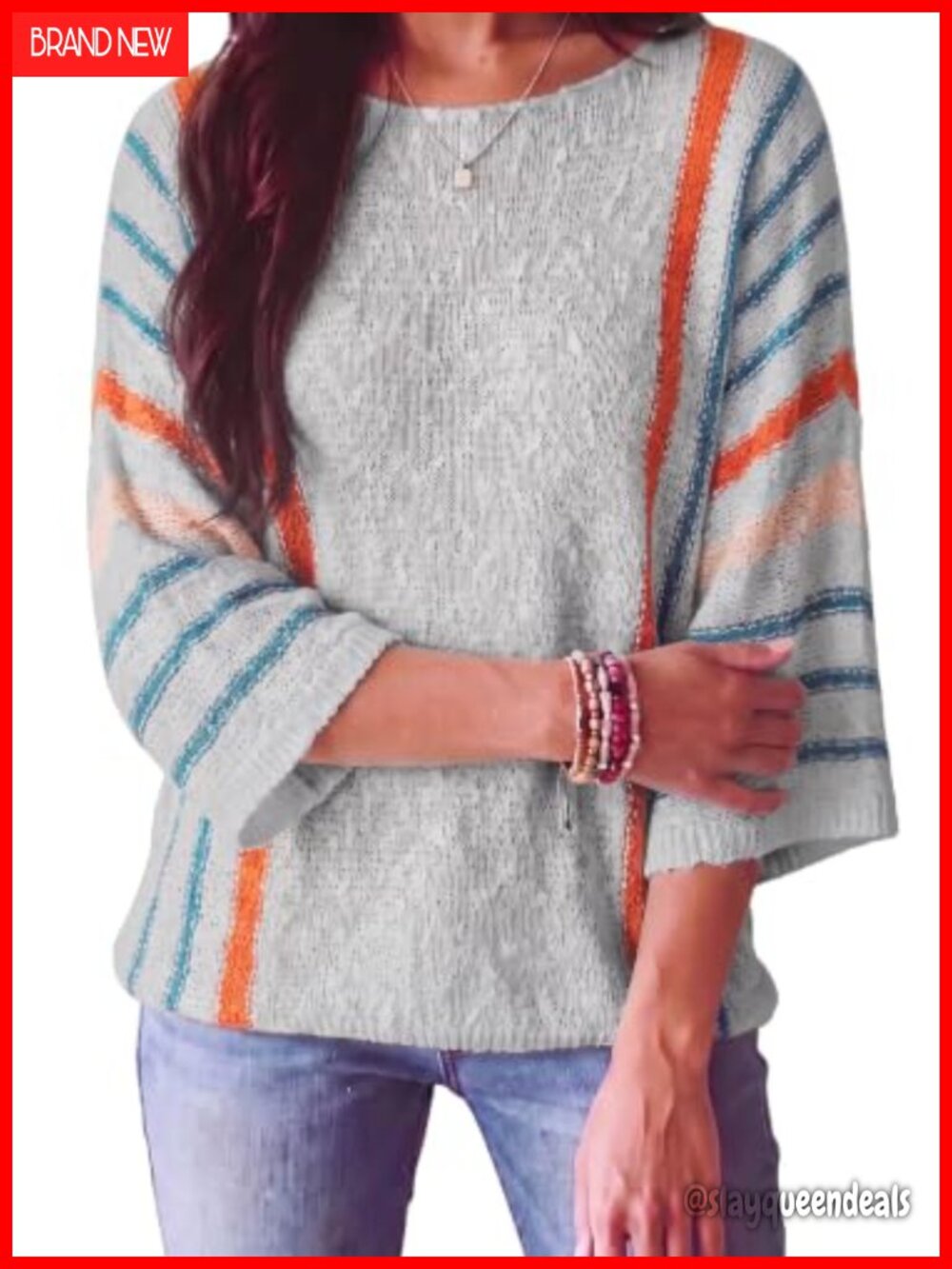 Womens Crewneck 3/4 Sleeve Knit Pullover Sweater Textured Loose Fit